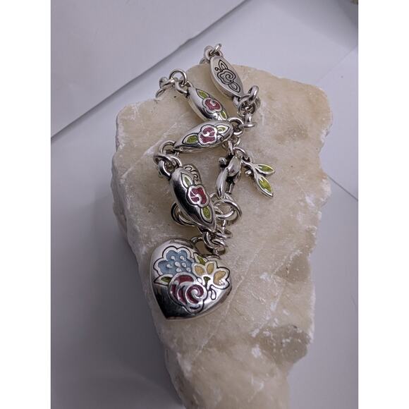 Brighton Floral Heart Charm Bracelet Silver Tone Enamel 7.5 Inch reversible - Picture 1 of 7
